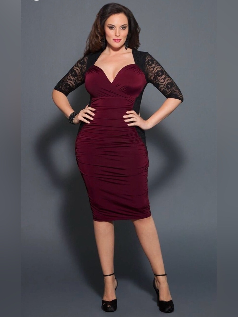 Kiyonna Valentina Illusion dress in red Plus Size 2X (18-20) lace body con